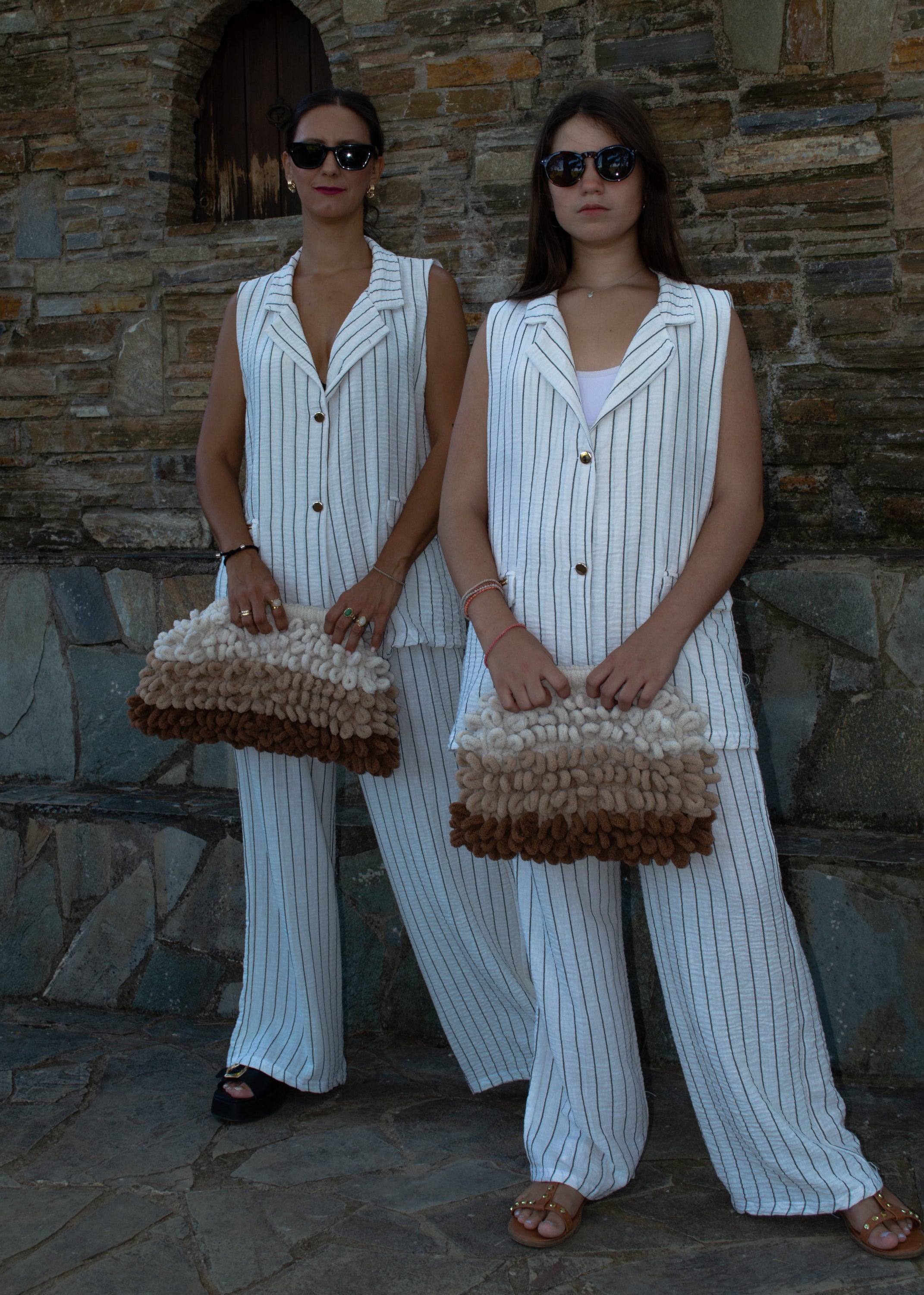 Women's white striped long vest and matching pants set – relaxed fit, ideal for office wear and elegant outings
