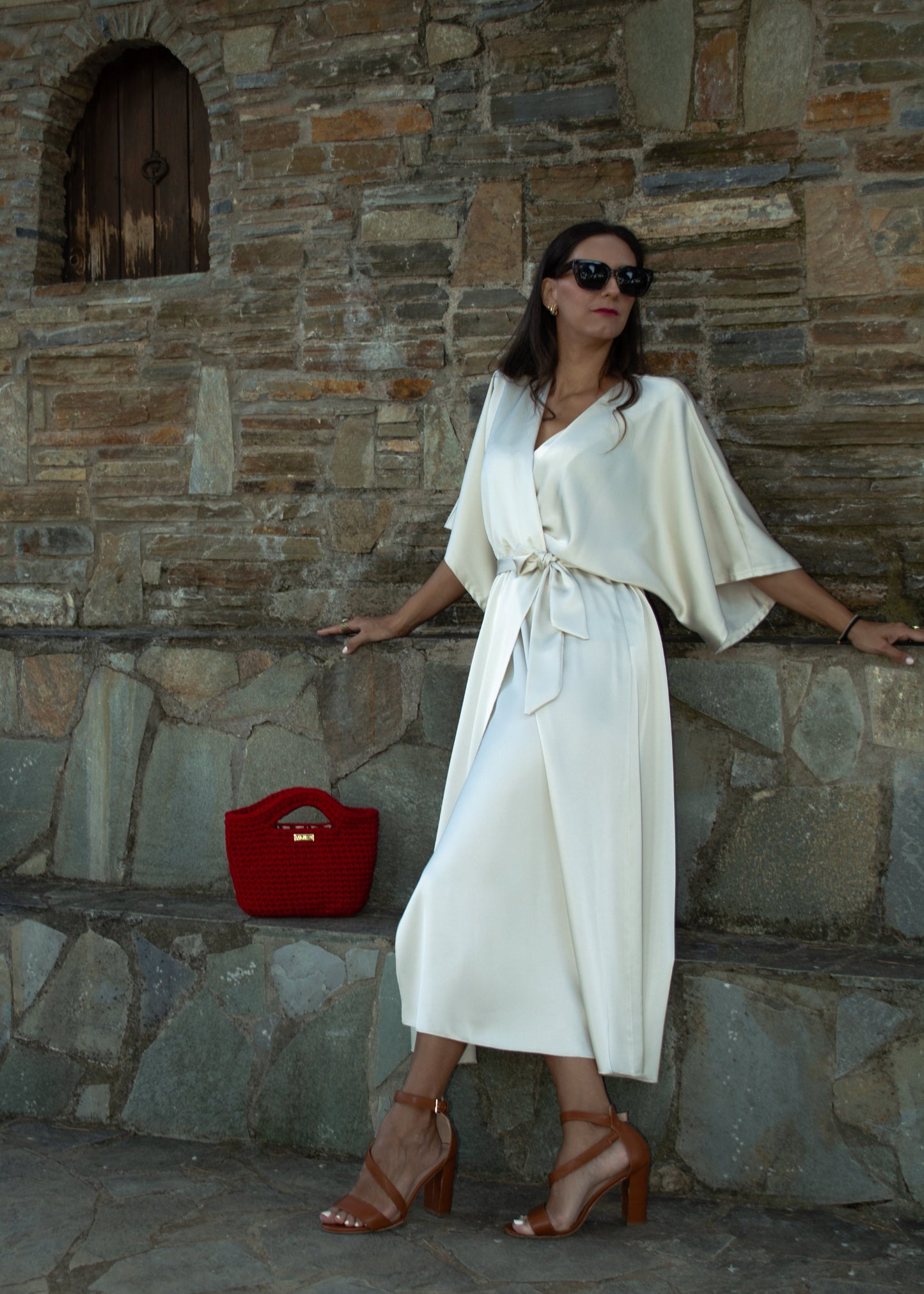 Women's one-size satin evening dress with cross-tie detail and elastic waist — timeless elegance with artistic flair.