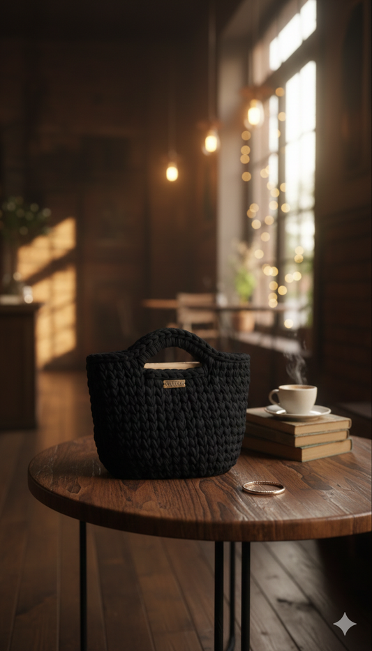 Handcrafted crochet shoulder bag in rich, passionate tones, featuring a textured weave, optional gold chain strap, and elegant design. Lightweight, medium-sized, water-repellent, and made in Greece with attention to detail.