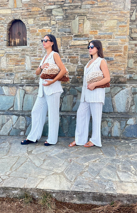 Women's white striped long vest and matching pants set – relaxed fit, ideal for office wear and elegant outings