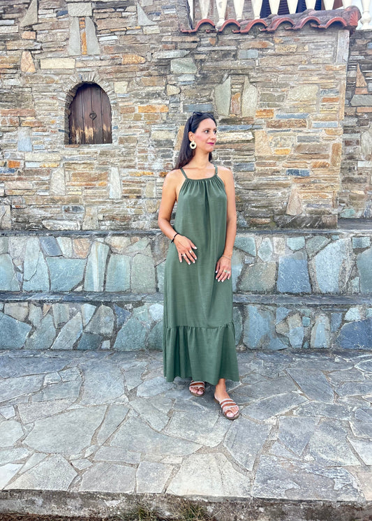 Women's long dress in lightweight fabric with minimal design — flowing silhouette and effortless elegance.