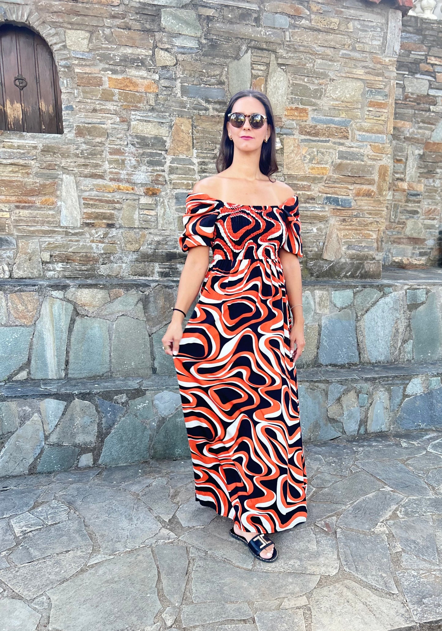 Women's one-size abstract print dress with ruched bust and lightweight fabric — artistic elegance with effortless comfort.