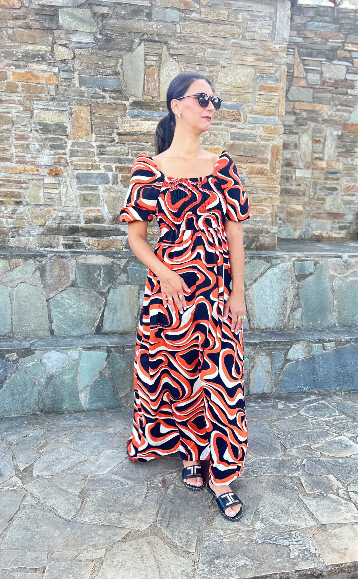 Women's one-size abstract print dress with ruched bust and lightweight fabric — artistic elegance with effortless comfort.
