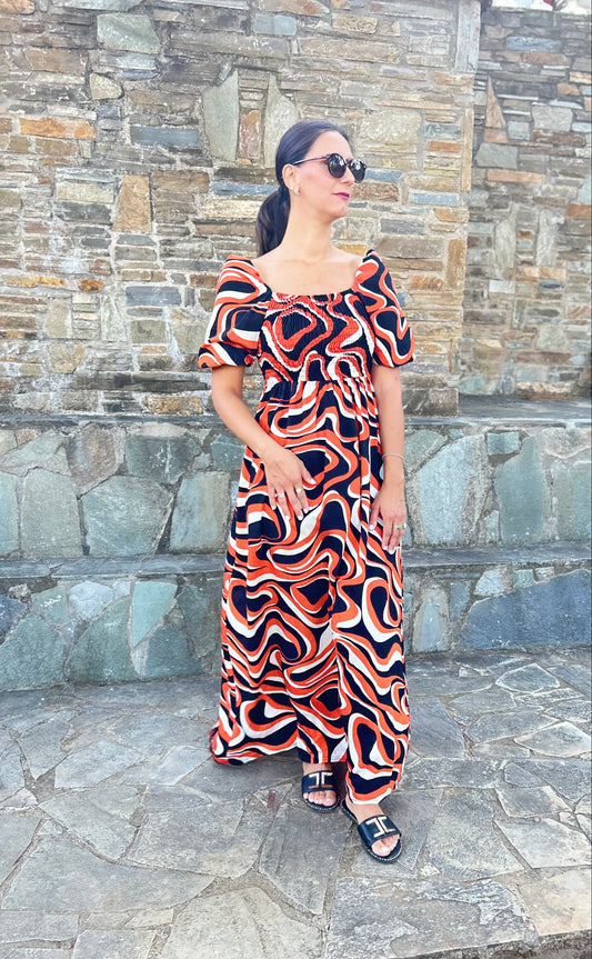 Women's one-size abstract print dress with ruched bust and lightweight fabric — artistic elegance with effortless comfort.