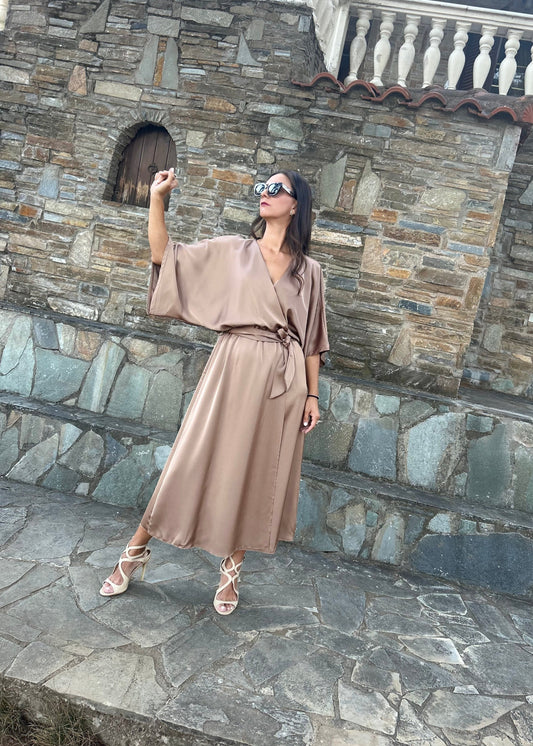 Women's one-size satin evening dress with cross-tie detail and elastic waist — timeless elegance with artistic flair.