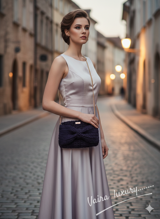 Μπλε χειροποίητη πλεκτή τσάντα Fiyonk με χρυσή αλυσίδα.