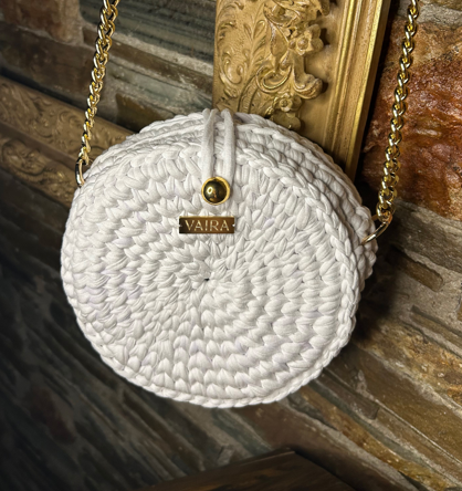 Handmade round crochet shoulder bag, featuring a stylish woven texture and elegant design — perfect for both casual and formal outfits.