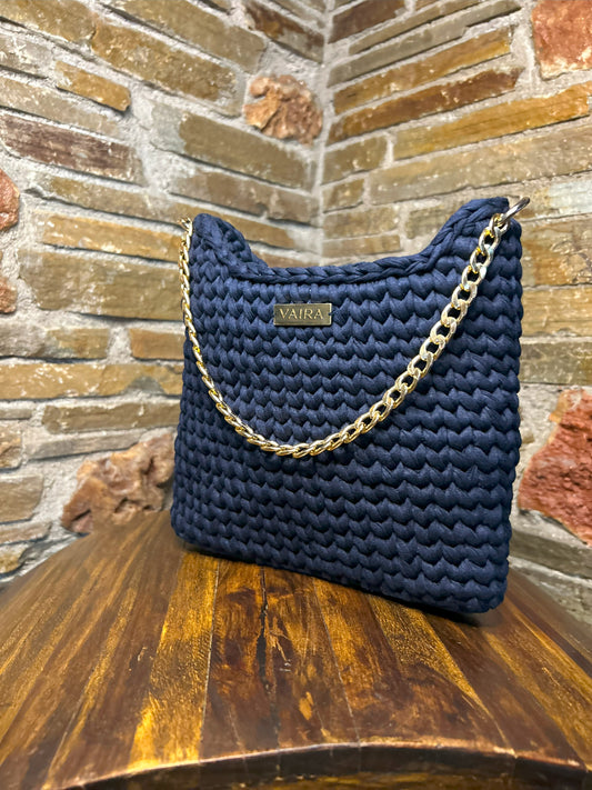 Handmade navy blue rectangular crochet shoulder bag, lined interior, youthful and modern design