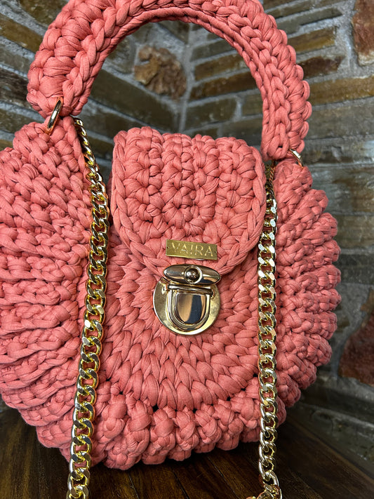 Handmade round multicolor crochet shoulder bag, featuring a metal and thread strap.