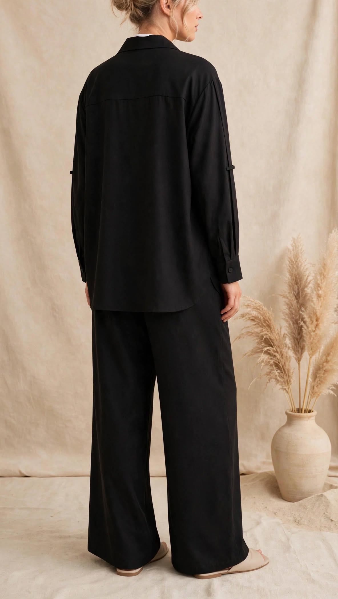 Γυναικείο Σετ "Aura" σε Μαύρο με Πουκάμισο Linen-Look και Wide-Leg Παντελόνι | Vaira