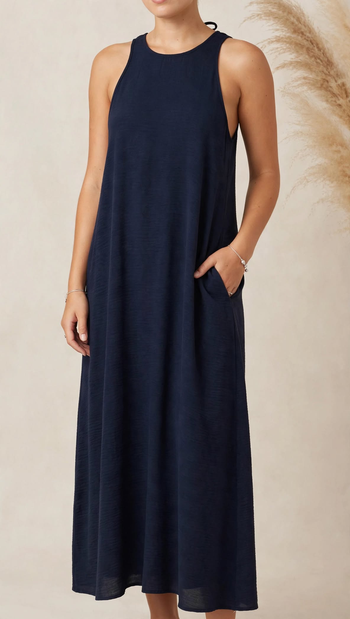 Γυναικείο Linen-Look Maxi Φόρεμα "Eleni" σε Navy Blue με Τσέπες | Vaira