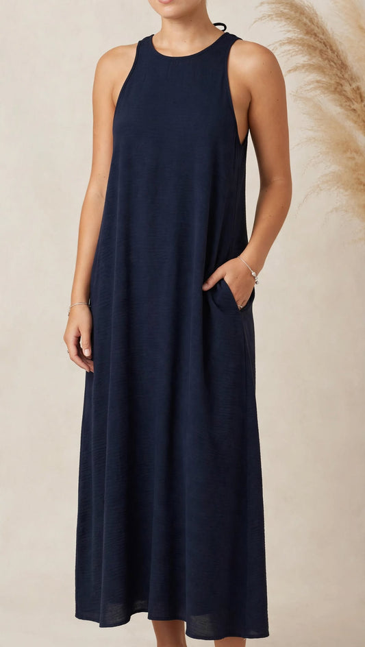 Γυναικείο Linen-Look Maxi Φόρεμα "Eleni" σε Navy Blue με Τσέπες | Vaira