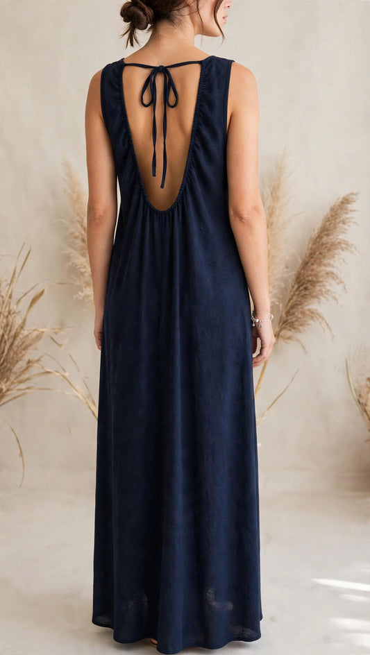 Γυναικείο Linen-Look Maxi Φόρεμα "Eleni" σε Navy Blue με Τσέπες | Vaira