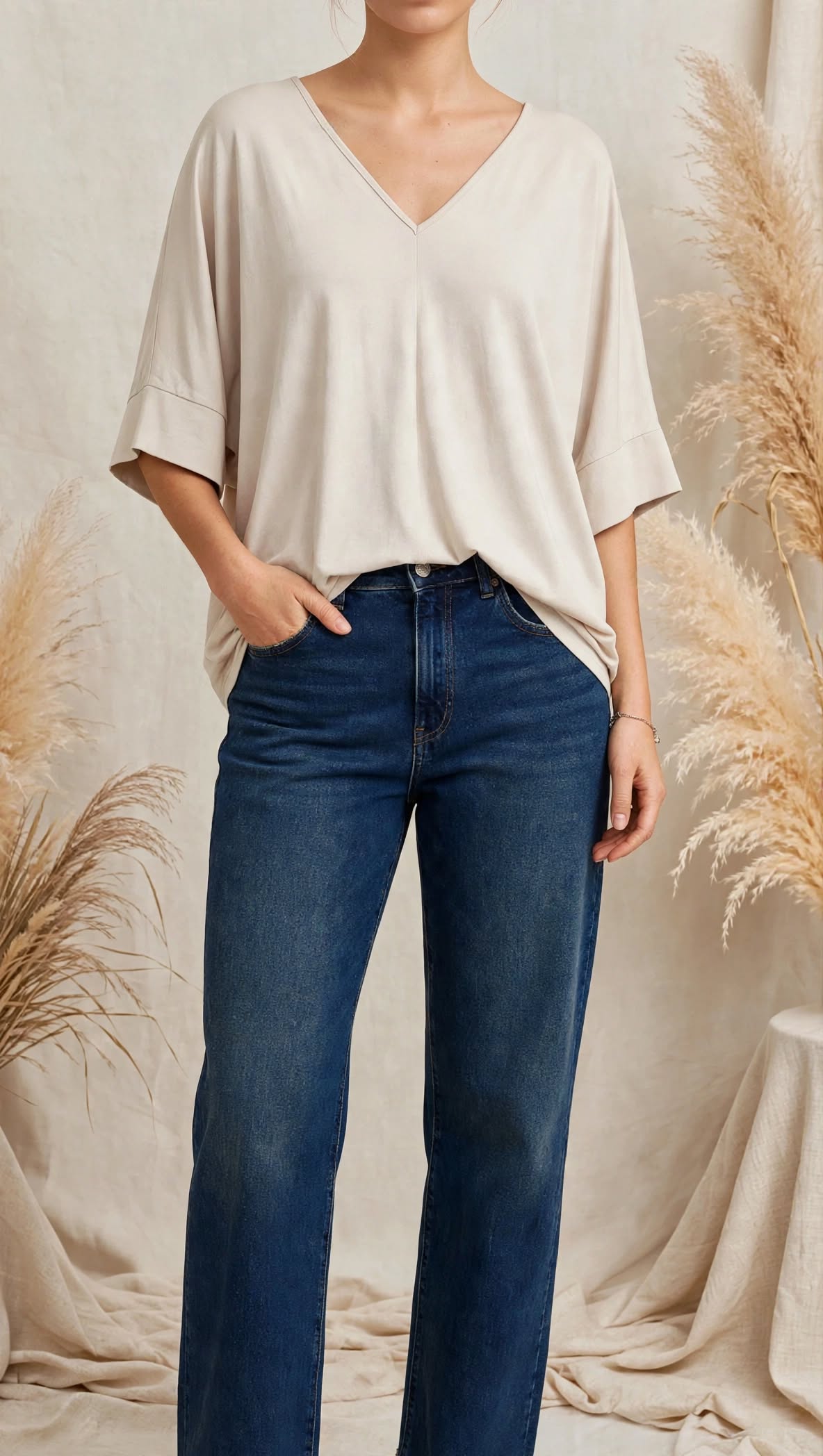 Γυναικεία μπεζ oversized μπλούζα Nefeli με V λαιμόκοψη Vaira