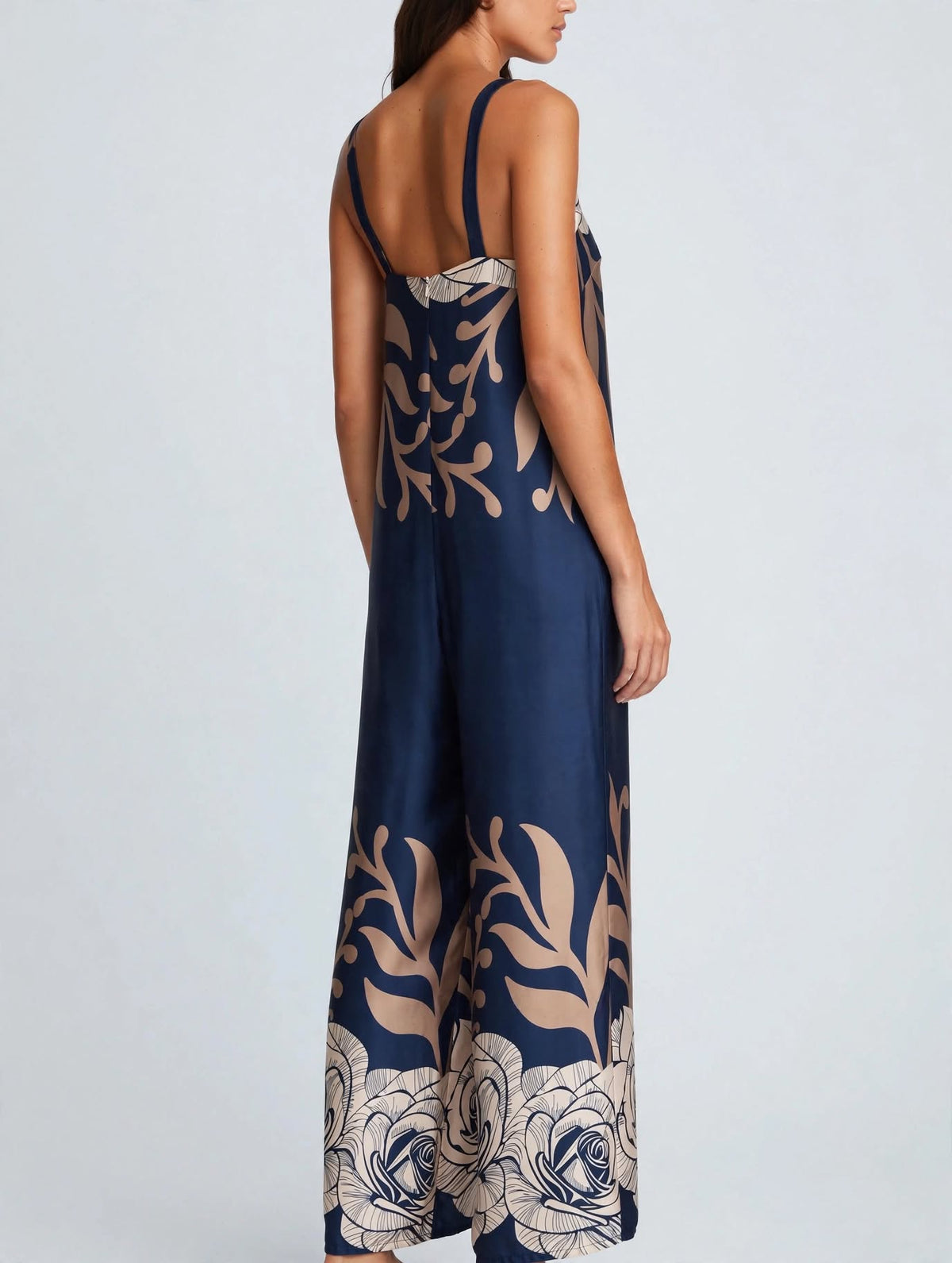 Γυναικεία σατινέ ολόσωμη φόρμα Electra σε navy blue και μπεζ floral print Vaira
