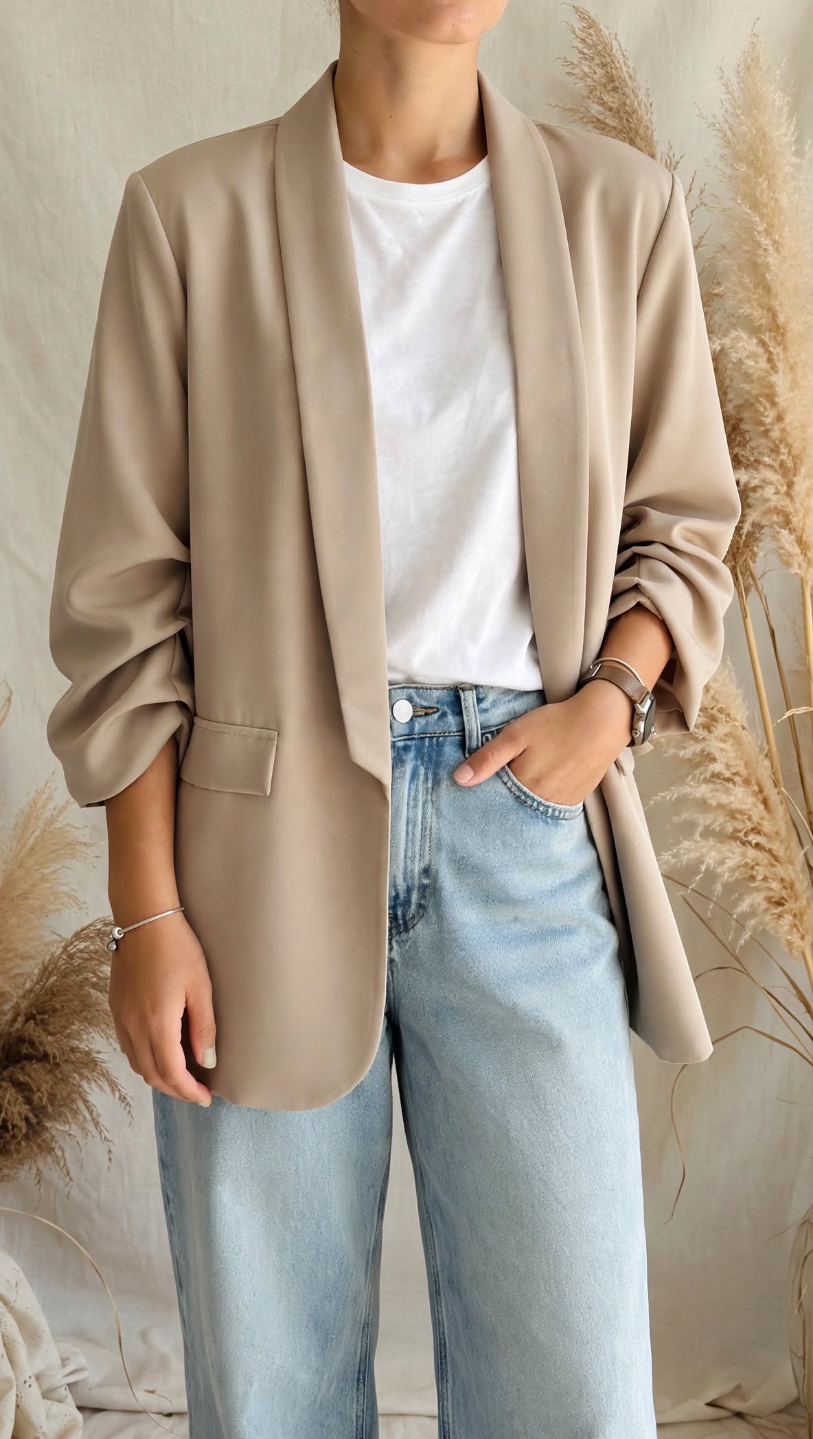 Ανακαλύψτε το γυναικείο blazer "Chloe" σε μπεζ απόχρωση. Oversized γραμμή με σάλι γιακά, διακοσμητικές τσέπες & μαζεμένα μανίκια για chic εμφανίσεις. Αποκτήστε το!
