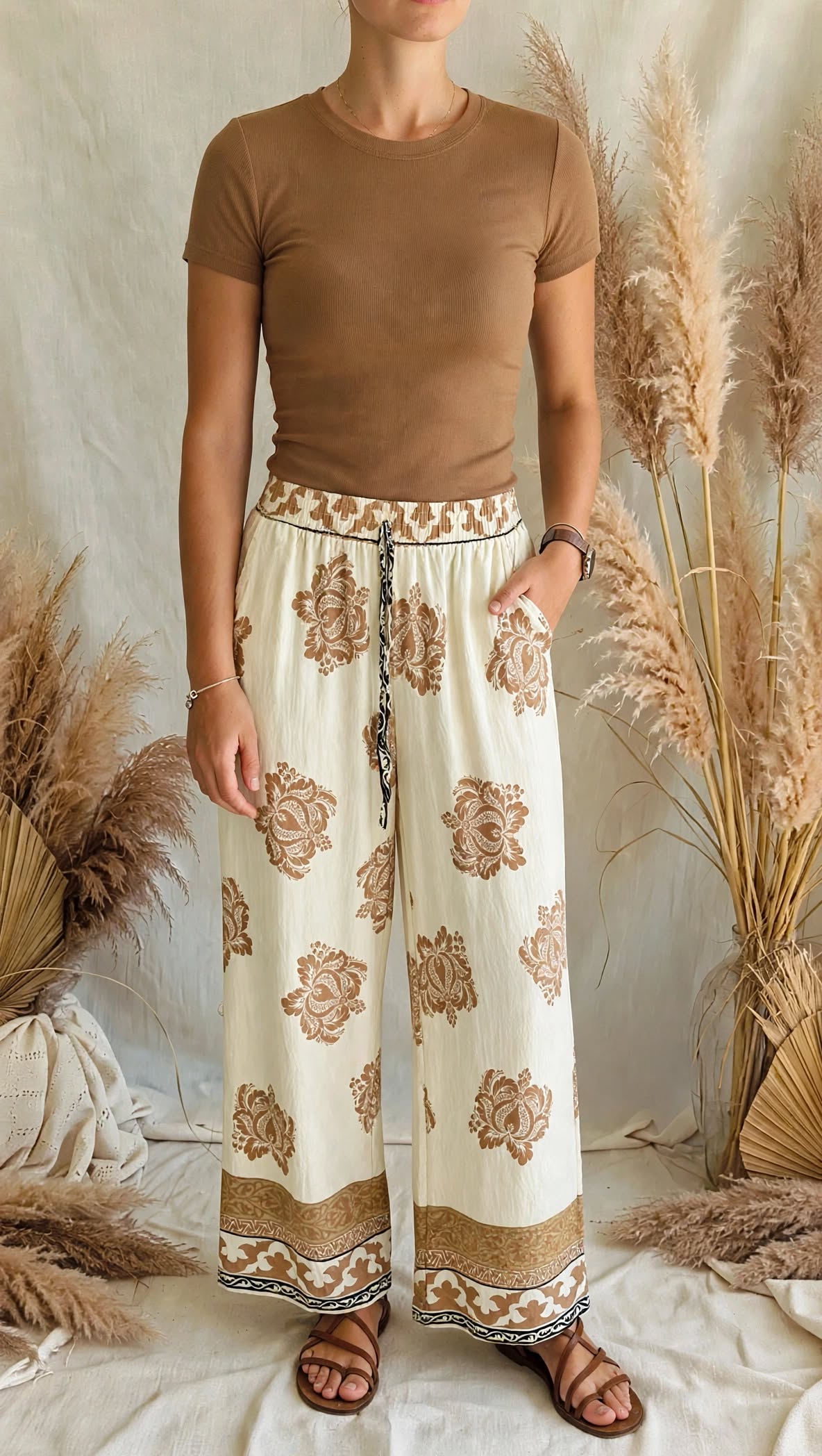 Ανακαλύψτε το γυναικείο wide-leg παντελόνι "Thalia" σε οφ-λευκό με ταμπά boho μοτίβα. Ψηλόμεσο με ελαστική μέση, κορδόνι & τσέπες. Αποκτήστε το!