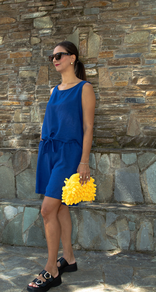 Women's belted shorts and blouse in lightweight fabric — relaxed fit with structured waist for effortless style.