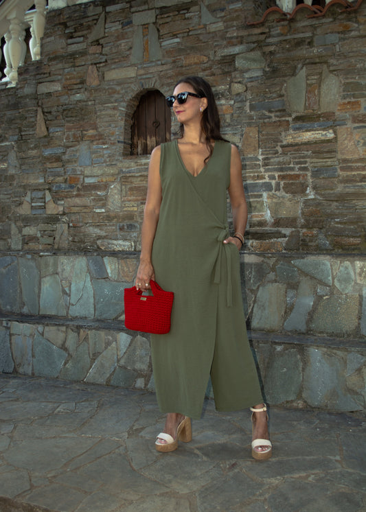 Women's one-size jumpsuit in earthy tones, featuring a relaxed fit and lightweight fabric for effortless elegance.
