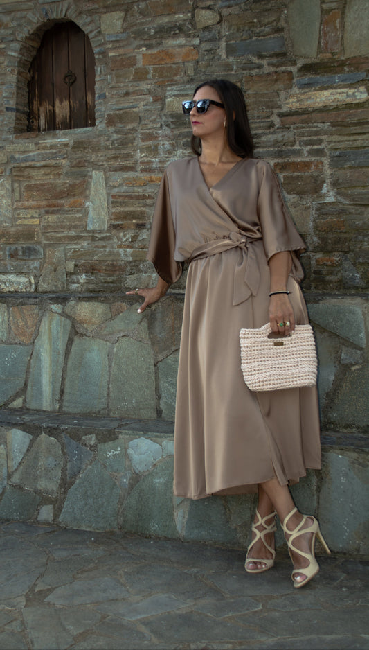 Women's one-size satin evening dress with cross-tie detail and elastic waist — timeless elegance with artistic flair.