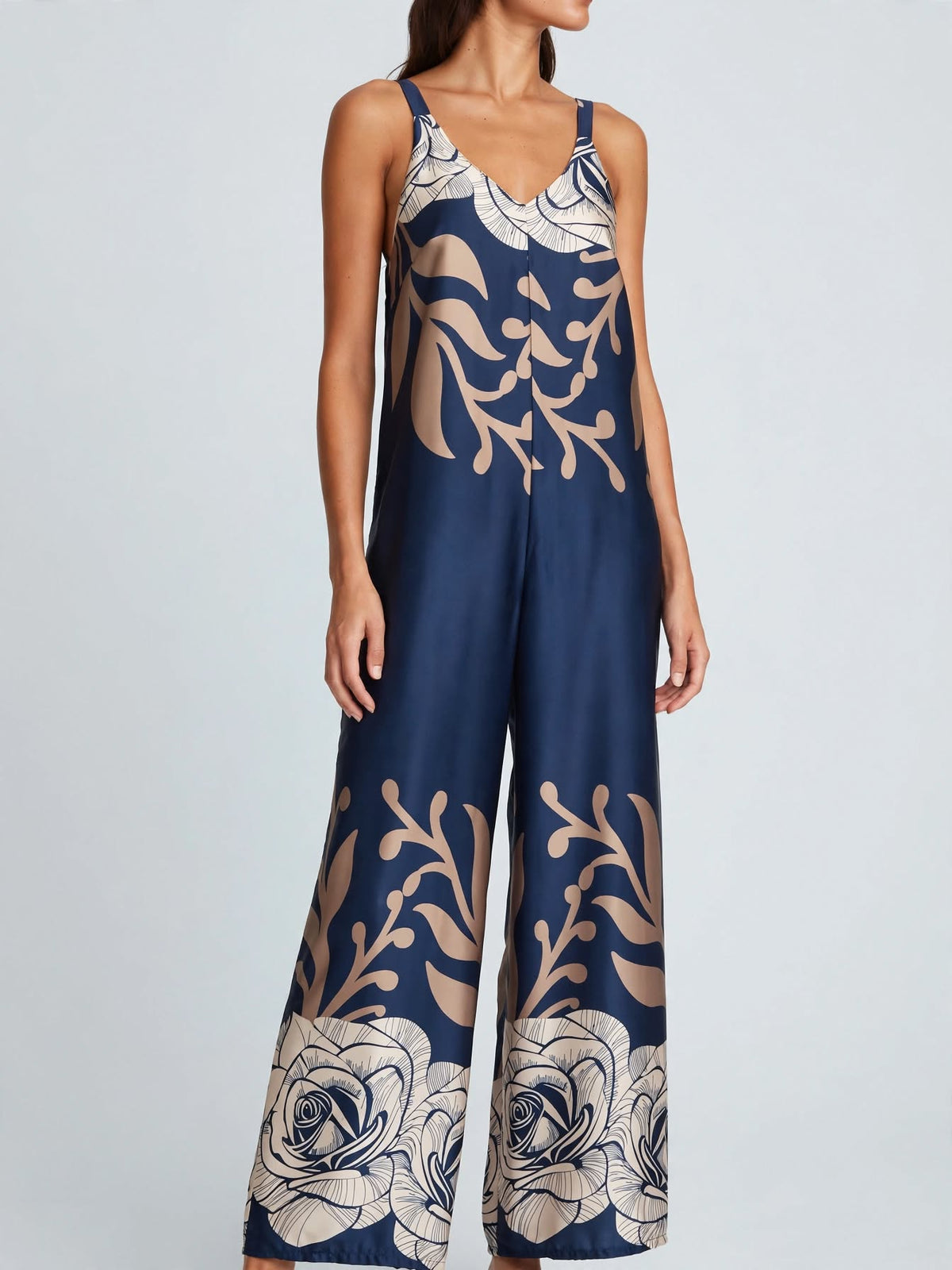 Γυναικεία σατινέ ολόσωμη φόρμα Electra σε navy blue και μπεζ floral print Vaira