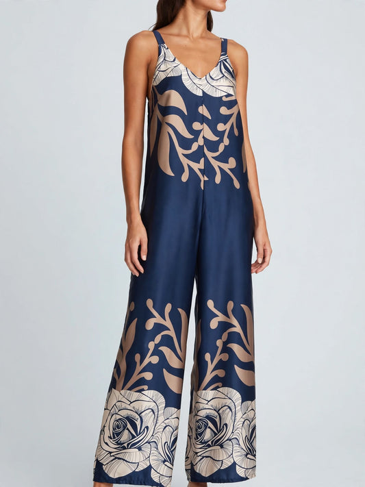Γυναικεία σατινέ ολόσωμη φόρμα Electra σε navy blue και μπεζ floral print Vaira