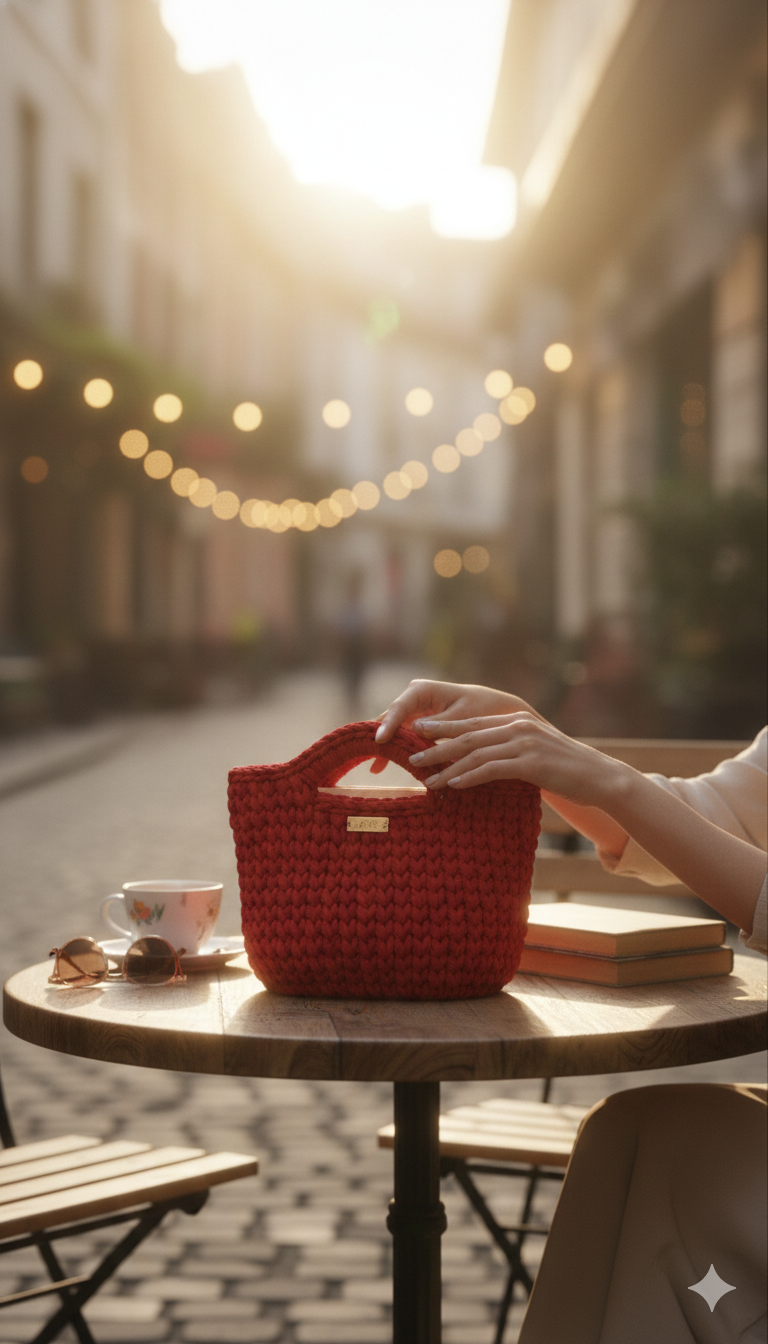 Handcrafted crochet shoulder bag in rich, passionate tones, featuring a textured weave, optional gold chain strap, and elegant design. Lightweight, medium-sized, water-repellent, and made in Greece with attention to detail.