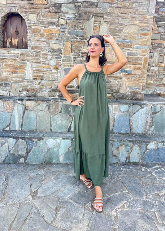 Women's long dress in lightweight fabric with minimal design — flowing silhouette and effortless elegance.