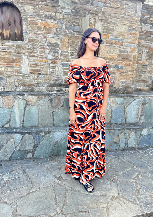Women's one-size abstract print dress with ruched bust and lightweight fabric — artistic elegance with effortless comfort.