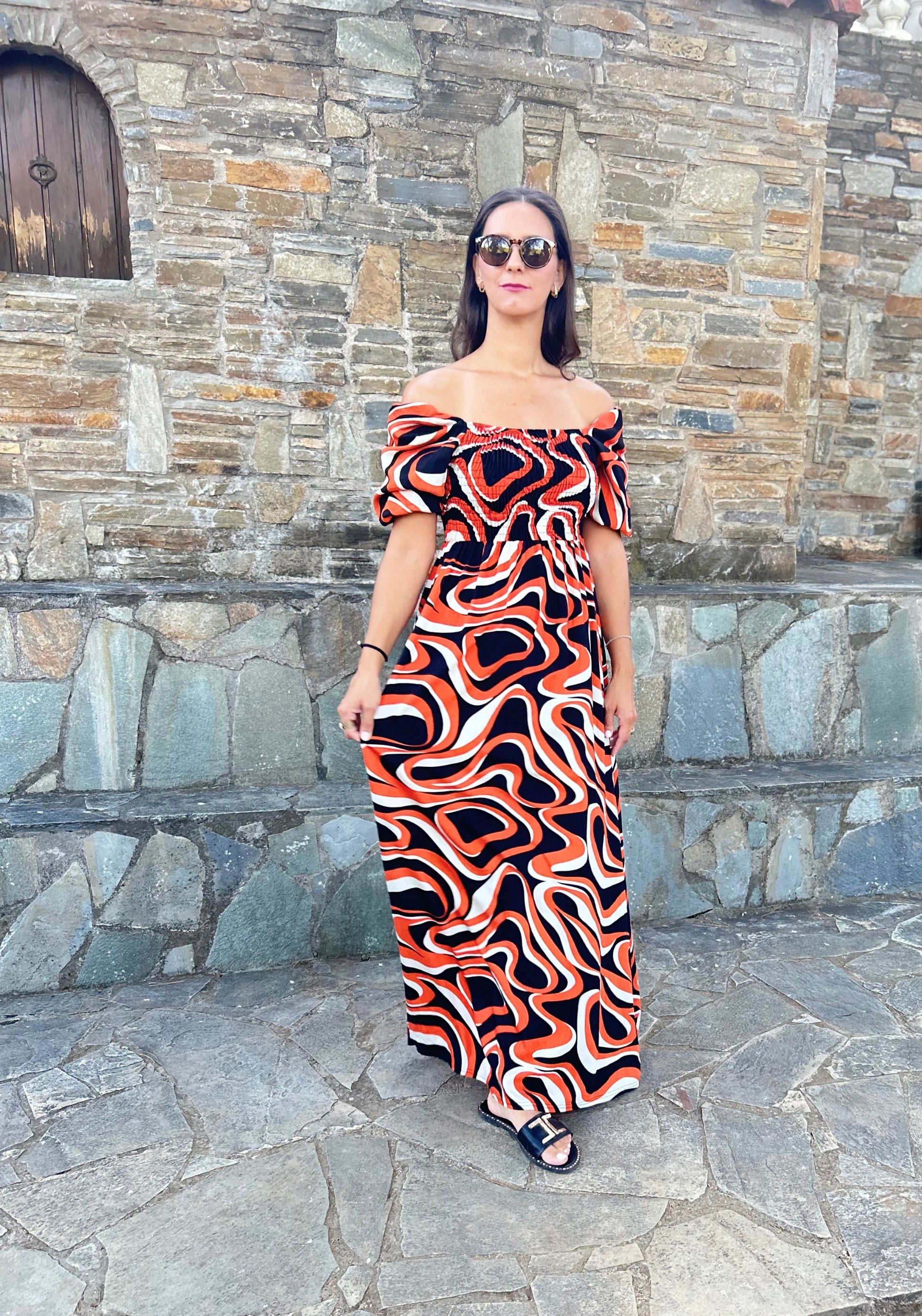 Women's one-size abstract print dress with ruched bust and lightweight fabric — artistic elegance with effortless comfort.