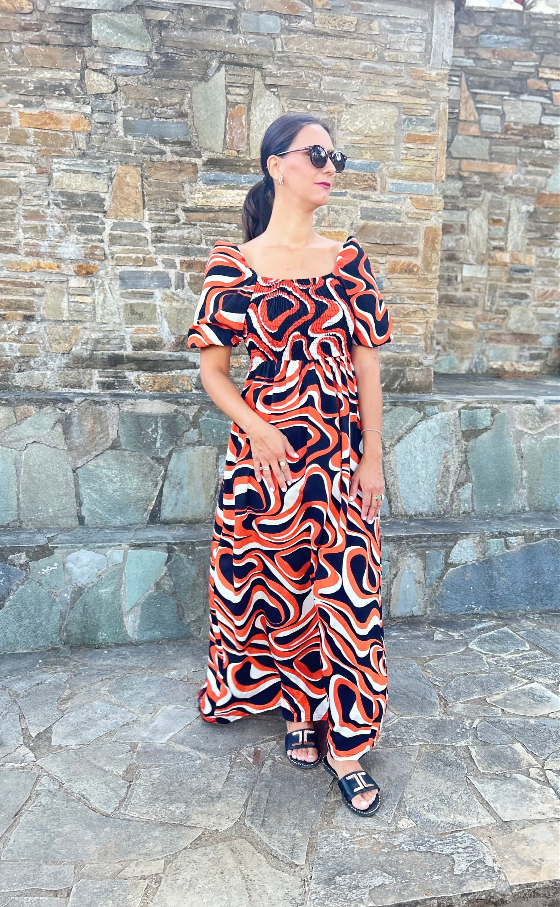 Women's one-size abstract print dress with ruched bust and lightweight fabric — artistic elegance with effortless comfort.