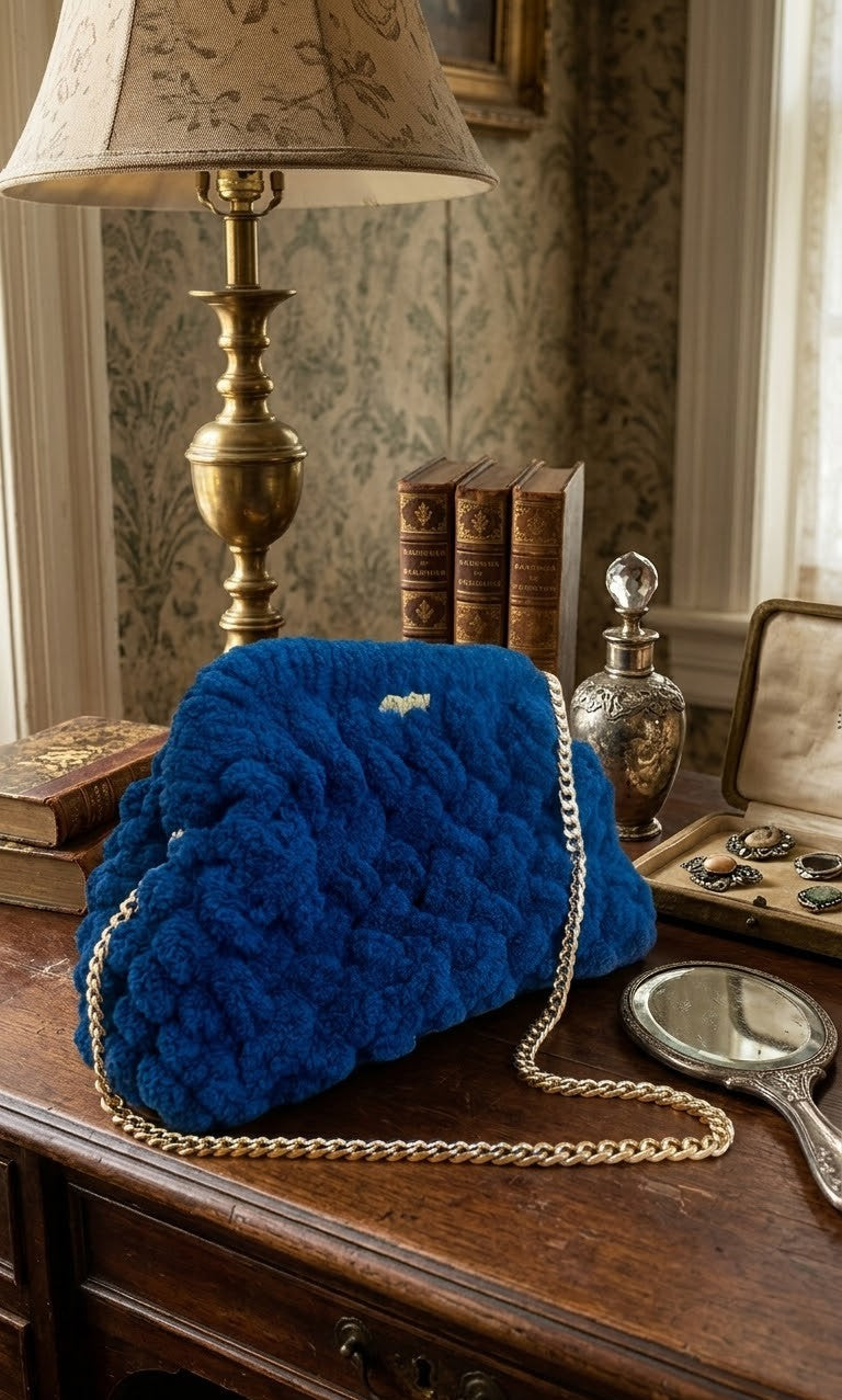 Η πλεκτή τσάντα Puffy Muse σε κοντινό πλάνο, αναδεικνύοντας την ιδιαίτερη τεχνική πλεξίματος και την χρυσή λεπτομέρεια του brand. Χειροποίητη ποιότητα και σύγχρονο design.