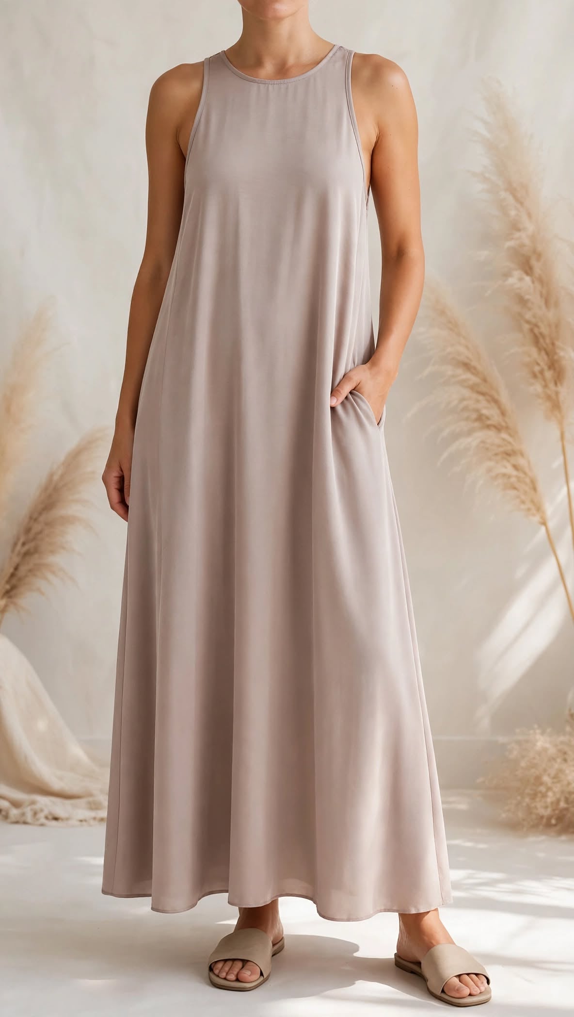 Ανακαλύψτε το γυναικείο σατέν maxi φόρεμα "Athena" σε taupe/πούδρα απόχρωση. Αέρινη Α-γραμμή με εντυπωσιακά ανοιχτή πλάτη & κορδόνι. Αποκτήστε το!
