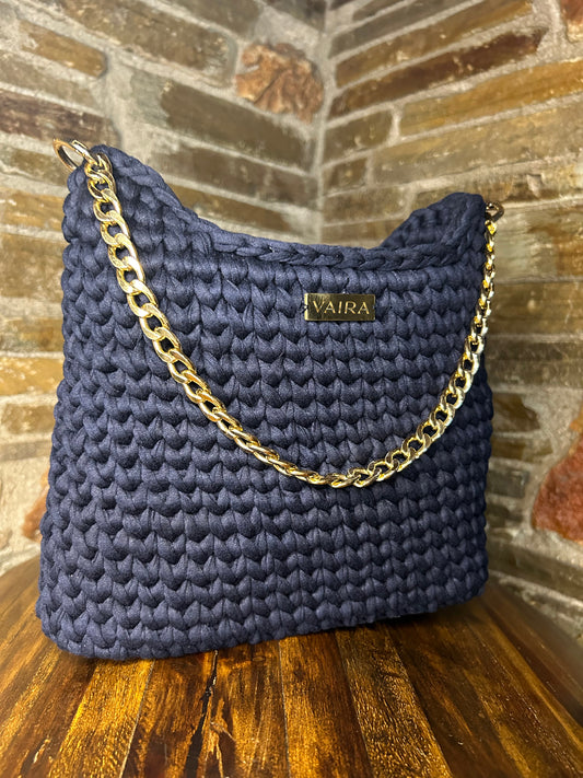 Handmade blue rectangular crochet shoulder bag, lined interior, youthful and modern design