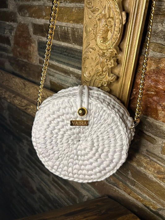 Handmade round crochet shoulder bag, featuring a stylish woven texture and elegant design — perfect for both casual and formal outfits.