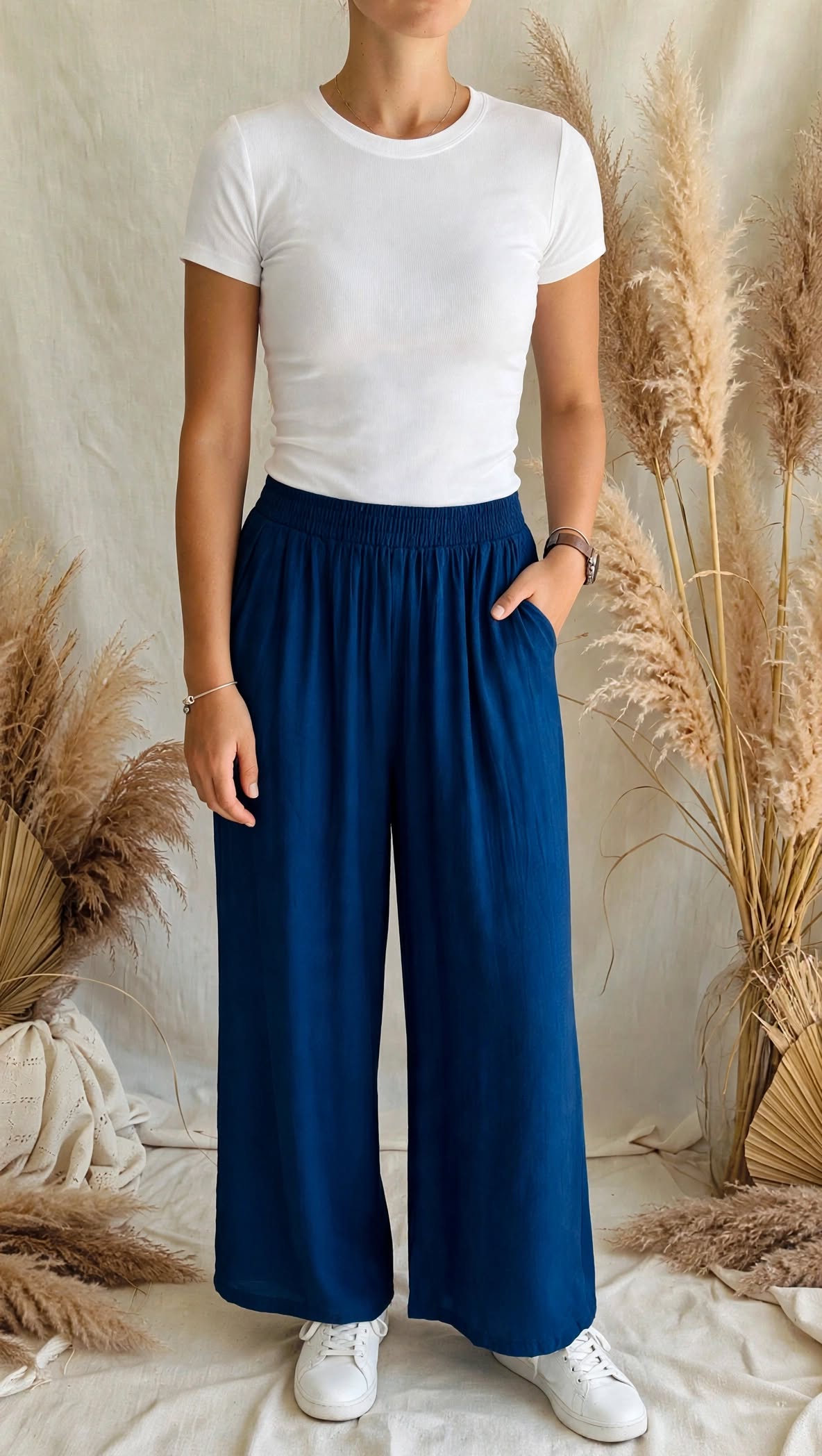 Γυναικείο μπλε ρουά wide-leg παντελόνι Dione linen-look με λάστιχο στη μέση Vaira