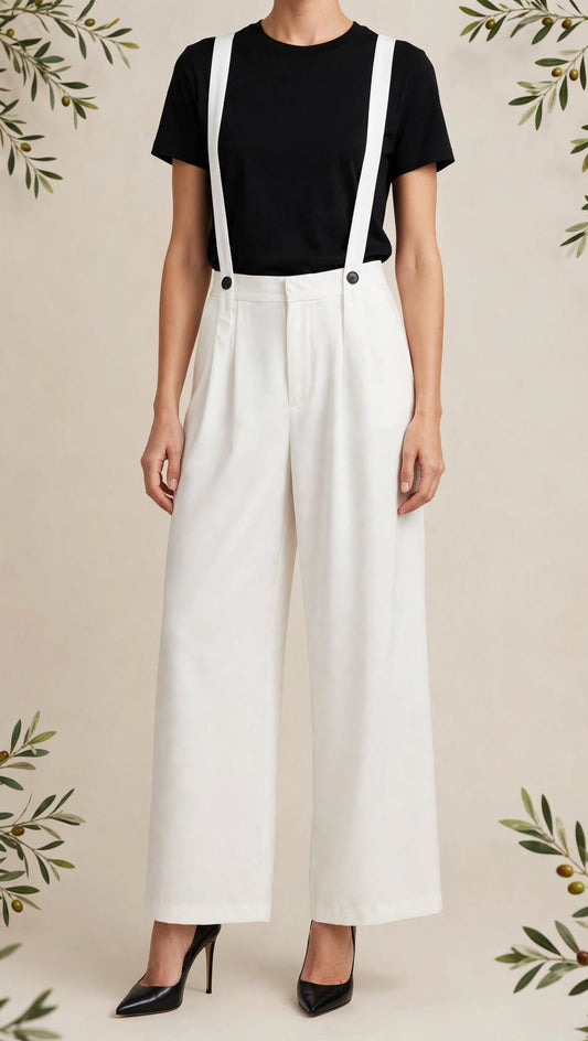 Ανακαλύψτε το γυναικείο wide-leg παντελόνι "Iris" σε λευκό χρώμα. Ψηλόμεσο με πιέτες, φαρδιά γραμμή & αποσπώμενες τιράντες για chic εμφανίσεις. Αποκτήστε το!