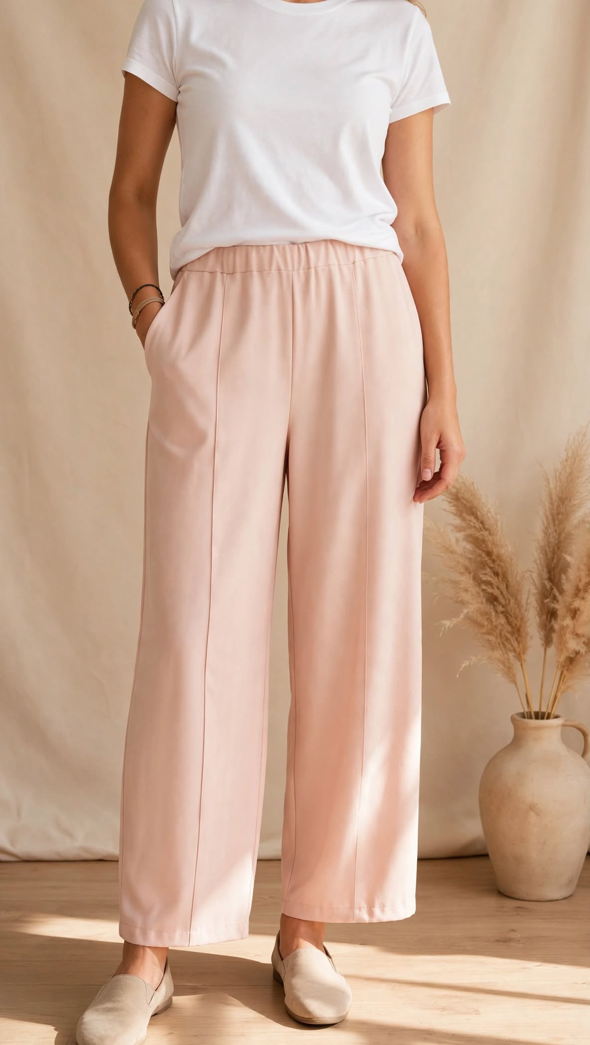 Ανακαλύψτε το γυναικείο wide-leg παντελόνι "Selene" σε ροζ-πούδρα απόχρωση. Ψηλόμεσο με ελαστική μέση, τσέπες & κάθετες ραφές. Αποκτήστε το!