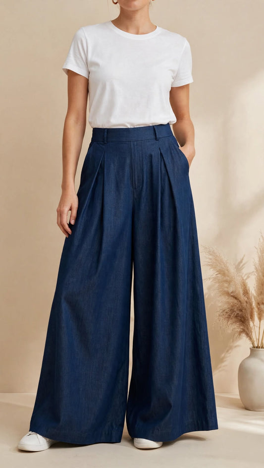 Μπλε τζιν wide-leg γυναικείο παντελόνι Vaira Thaleia με πιέτες.