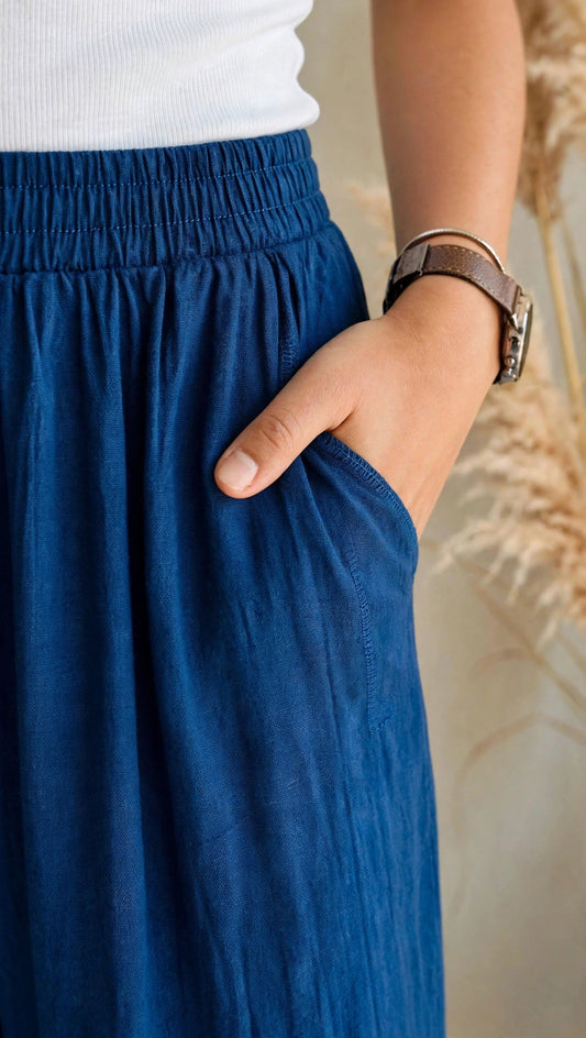 Γυναικείο μπλε ρουά wide-leg παντελόνι Dione linen-look με λάστιχο στη μέση Vaira