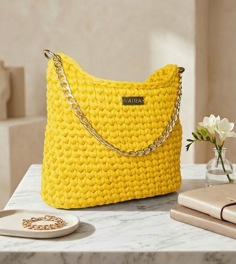 Handmade  yellow crochet shoulder bag, lined interior, youthful and modern design