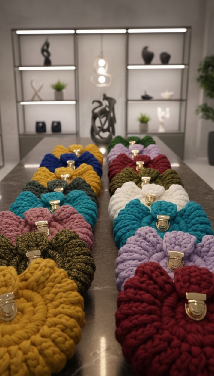 "Χειροποίητα πλεκτά πορτοφόλια Vaira Blossom Pouch σε διάφορα χρώματα με χρυσό μεταλλικό κούμπωμα και ανάγλυφη πλέξη.